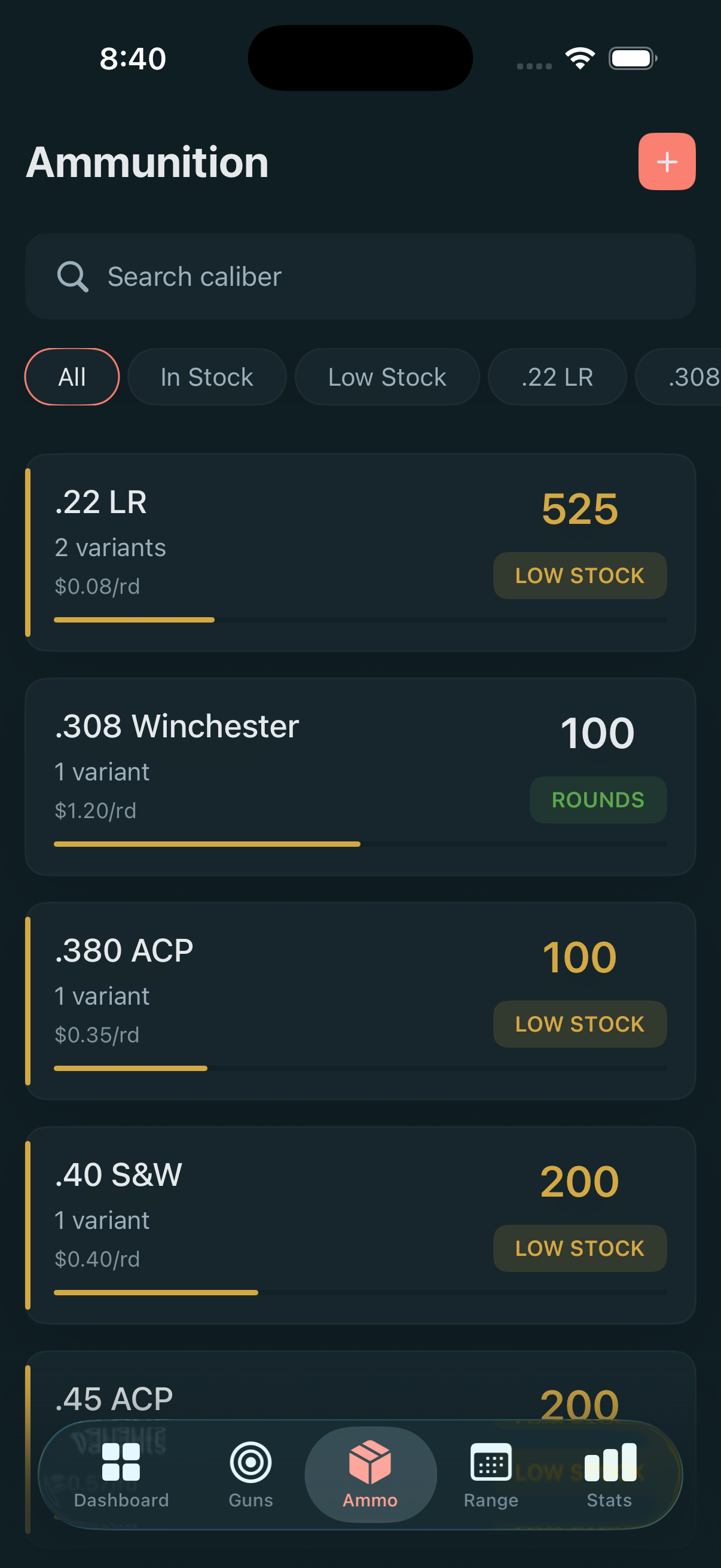 Ammofy ammunition inventory showing caliber list with stock levels, cost per round, and low stock alerts