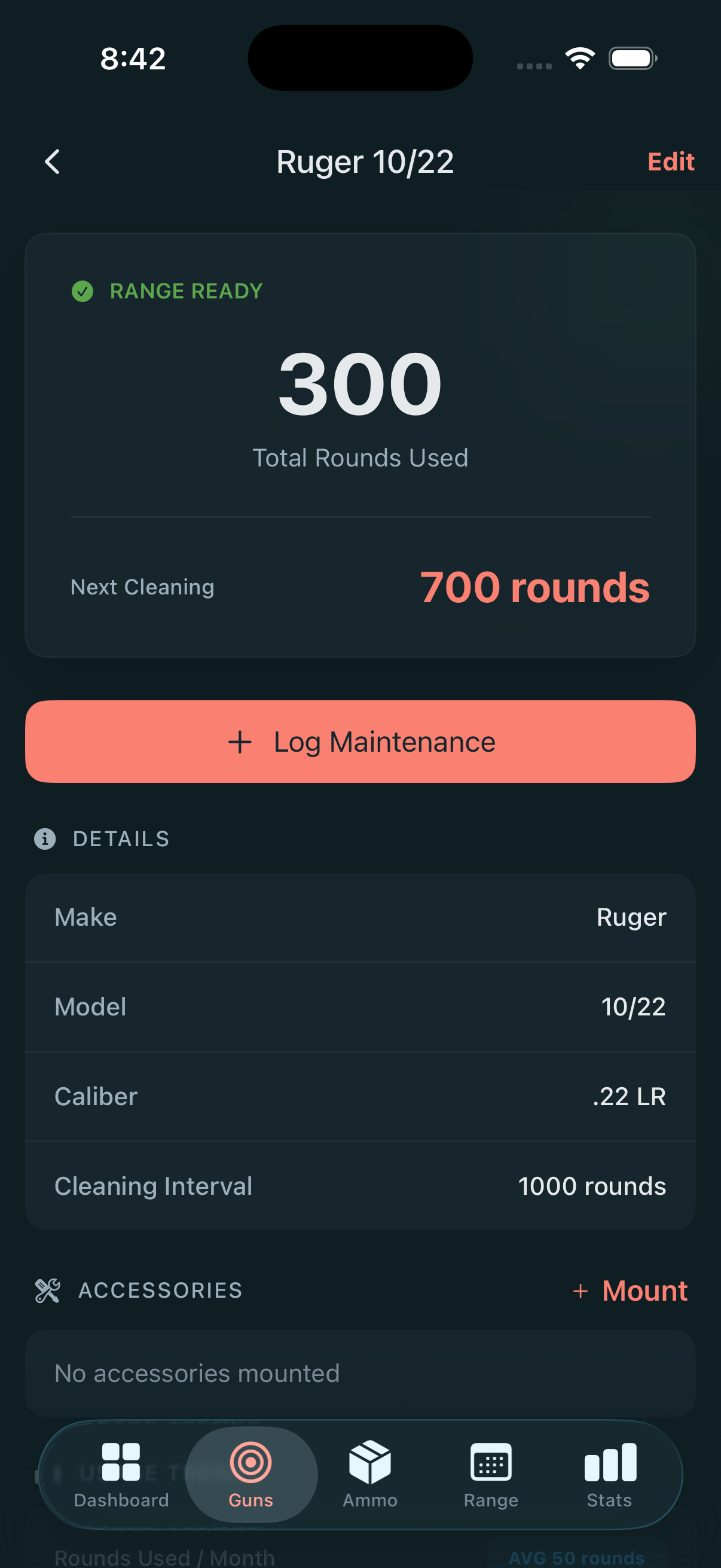 Ammofy firearm details showing usage trends, documents, photos, and maintenance history