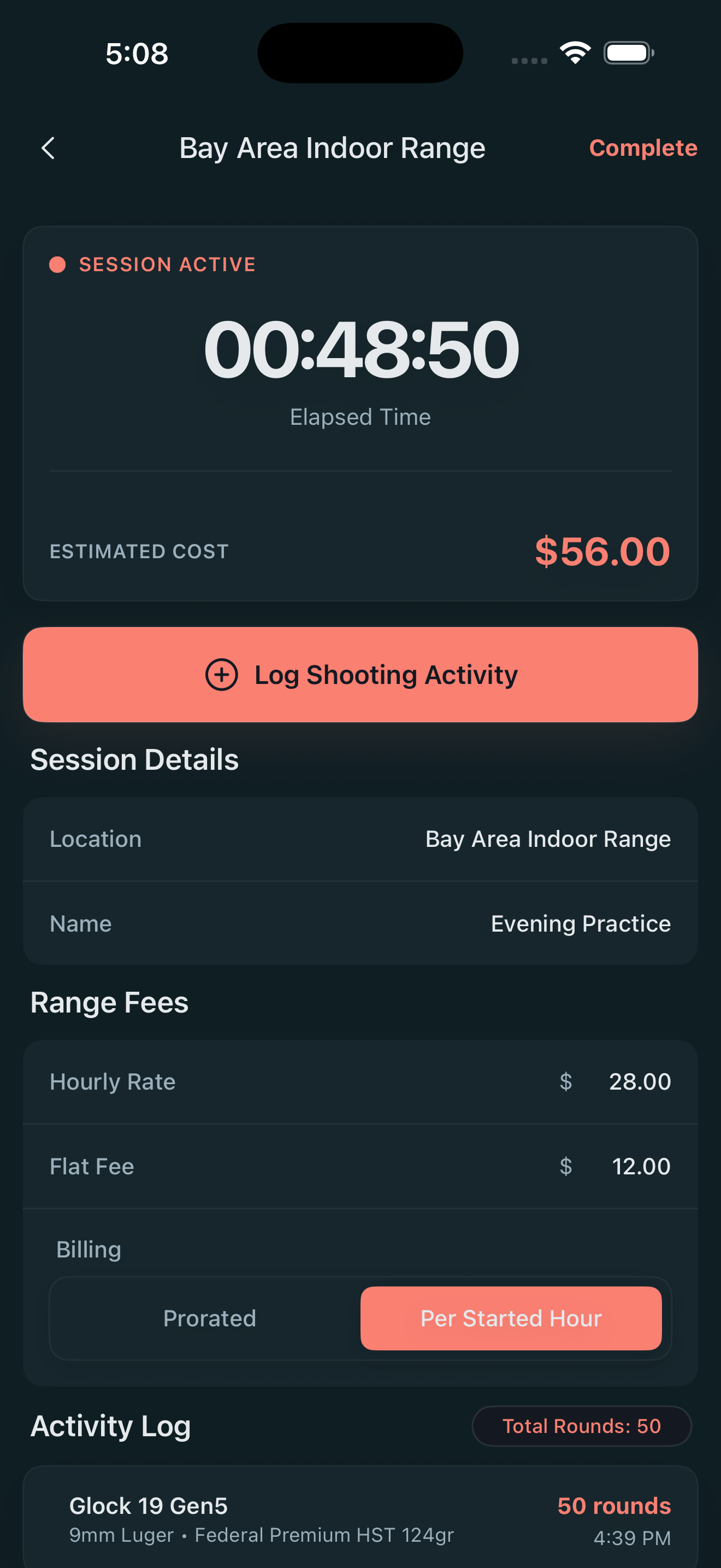 Ammofy active range session with live timer, per-firearm ammo usage tracking, and real-time session cost