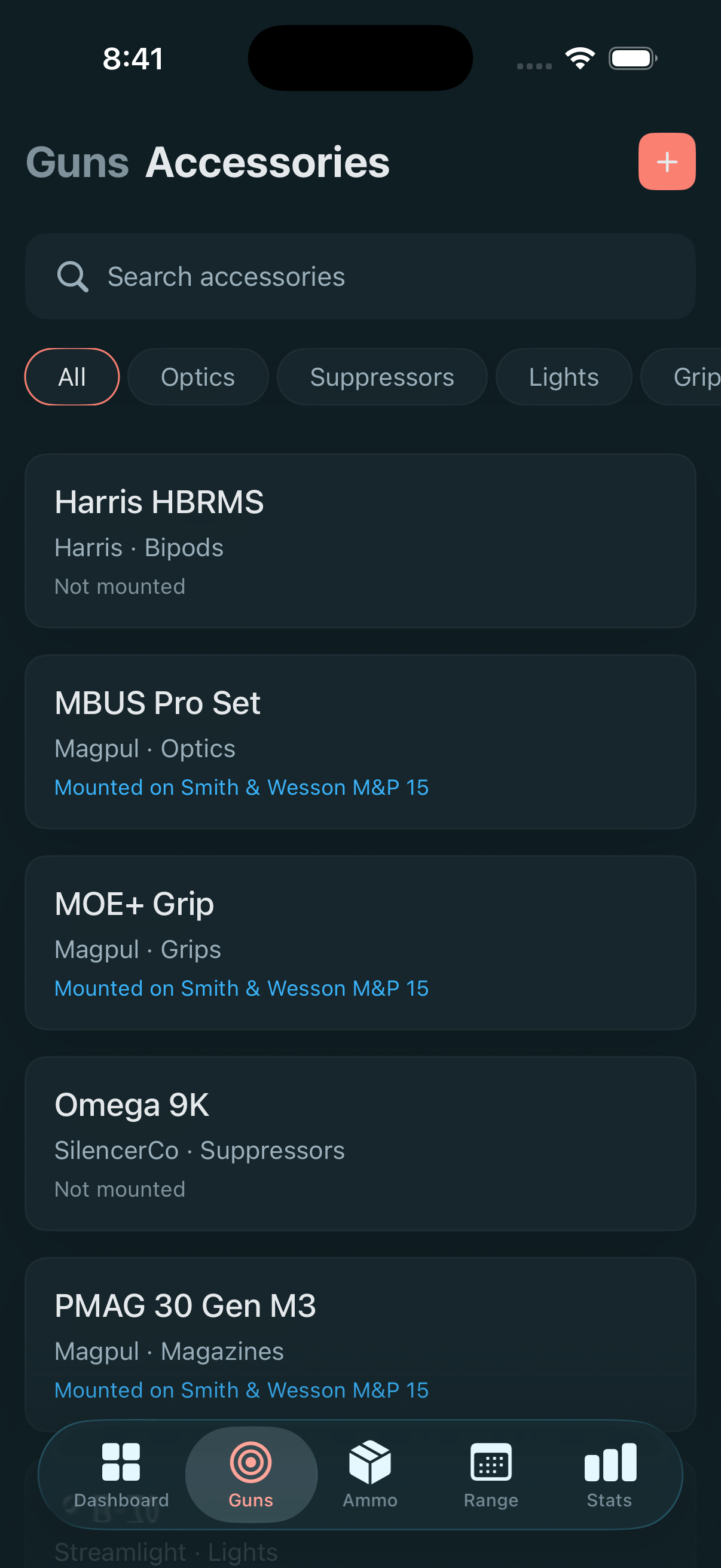 Ammofy accessories inventory showing optics, suppressors, lights, and magazines assigned to firearms